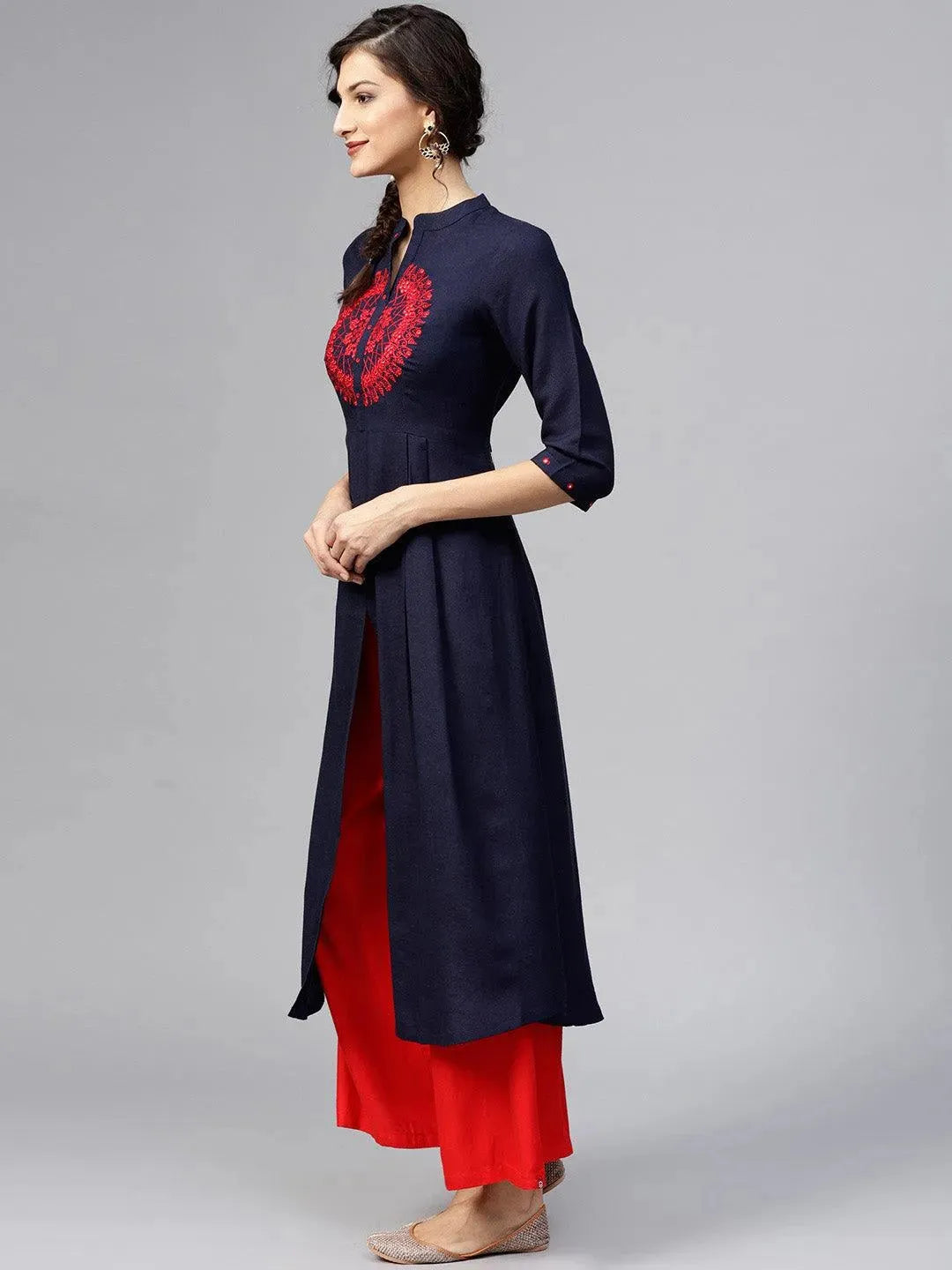 Blue Self-Design Cotton Rayon A-line Kurta LIBAS