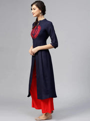 Blue Self-Design Cotton Rayon A-line Kurta LIBAS