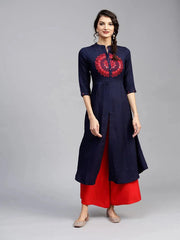 LIBAS Women Self Design Cotton Rayon A-line Kurta in Blue, breathable fabric with a refined self-design pattern.