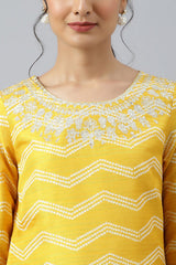Yellow Bandhani Printed kurta In Round Neck With Parallel Pants And Dupatta W for Women's
