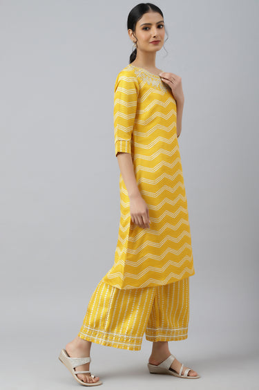 Yellow Bandhani Printed kurta In Round Neck With Parallel Pants And Dupatta W for Women's