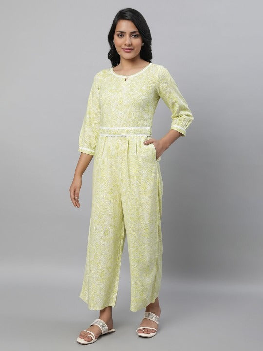 Green Printed Jumpsuit with Lace Trims AURELIA