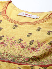 Women Yellow & Olive Green Ethnic Printed Pure Cotton Kurta (No Trousers &amp; No Dupatta) BIBA