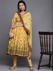 Women Yellow & Olive Green Ethnic Printed Pure Cotton Kurta (No Trousers &amp; No Dupatta) BIBA