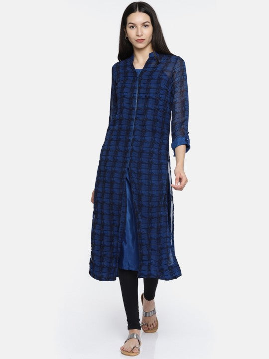 BIBA Blue & Black Polyester Checked Printed Kurta, stylish geometric ethnic pattern in contrasting hues.