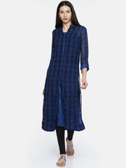 BIBA Blue & Black Polyester Checked Printed Kurta, stylish geometric ethnic pattern in contrasting hues.