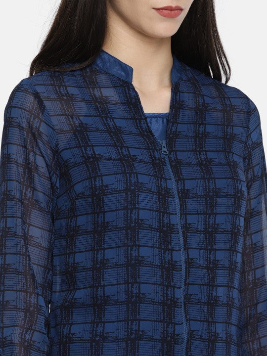 Electric Blue & Black Checked Printed Kurta BIBA