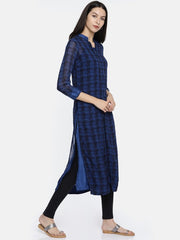 Electric Blue & Black Checked Printed Kurta BIBA