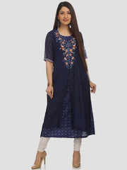 Blue Floral Printed Straight Kurta BIBA