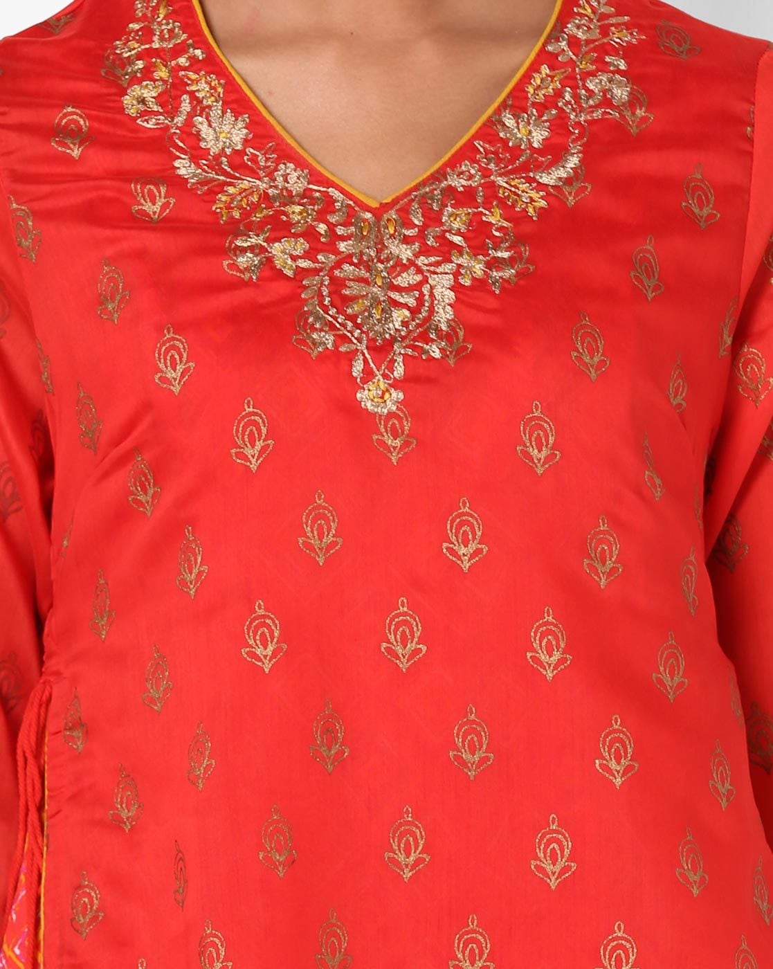 BIBA Red Printed Layered Kurta with Side Tie-Ups BIBA