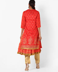 BIBA Red Printed Layered Kurta with Side Tie-Ups BIBA