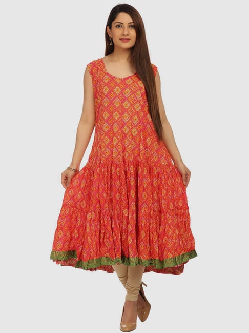 Orange &amp; Pink Printed Anarkali Kurta BIBA