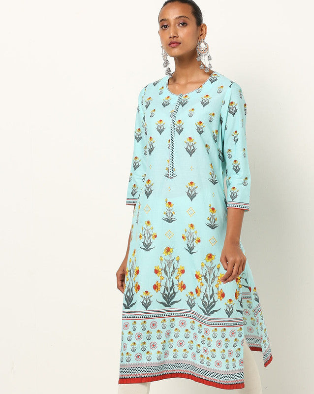 BIBA Printed Round-Neck Straight Kurta in Blue, minimalistic design with soft printed details.