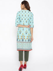 BIBA Blue Printed Round-Neck Straight Kurta BIBA