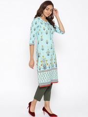 BIBA Blue Printed Round-Neck Straight Kurta BIBA