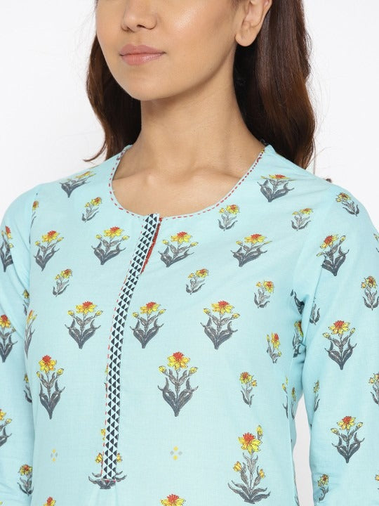 BIBA Blue Printed Round-Neck Straight Kurta BIBA