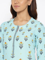 BIBA Blue Printed Round-Neck Straight Kurta BIBA