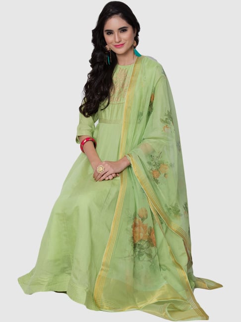 Green Printed Kurta Churidar Set With Dupatta BIBA