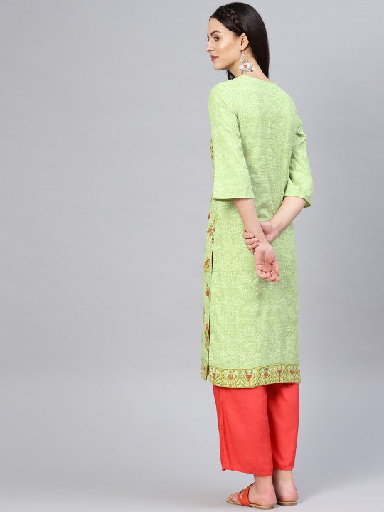 BIBA Women Green &amp; Red Floral Printed Straight Kurta BIBA