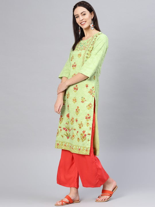 BIBA Women Green &amp; Red Floral Printed Straight Kurta BIBA