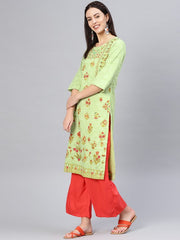 BIBA Women Green &amp; Red Floral Printed Straight Kurta BIBA