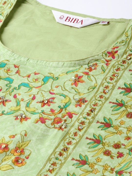 BIBA Women Green &amp; Red Floral Printed Straight Kurta BIBA