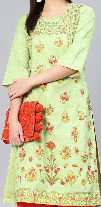 BIBA Women Green &amp; Red Floral Printed Straight Kurta BIBA