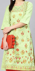 BIBA Women Green &amp; Red Floral Printed Straight Kurta BIBA