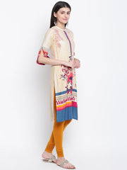 Women Beige &amp; Pink Floral Print Straight Kurta RANGRITI