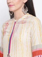 Women Beige &amp; Pink Floral Print Straight Kurta RANGRITI