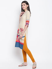 Women Beige &amp; Pink Floral Print Straight Kurta RANGRITI
