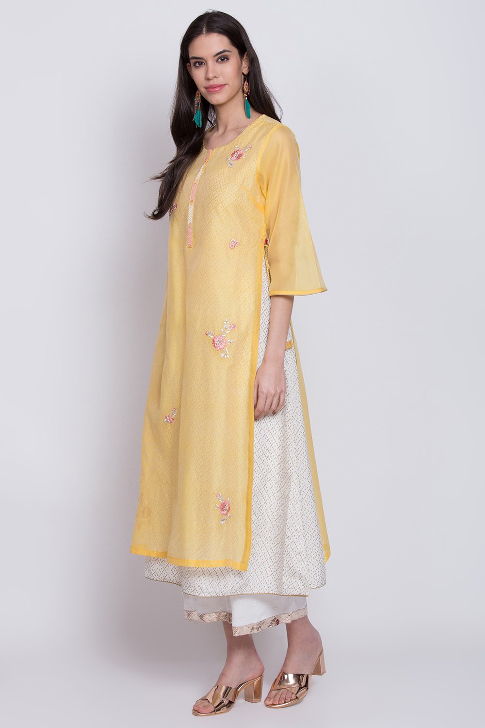 BIBA Yellow Flared Yarn Dyed Kurta BIBA