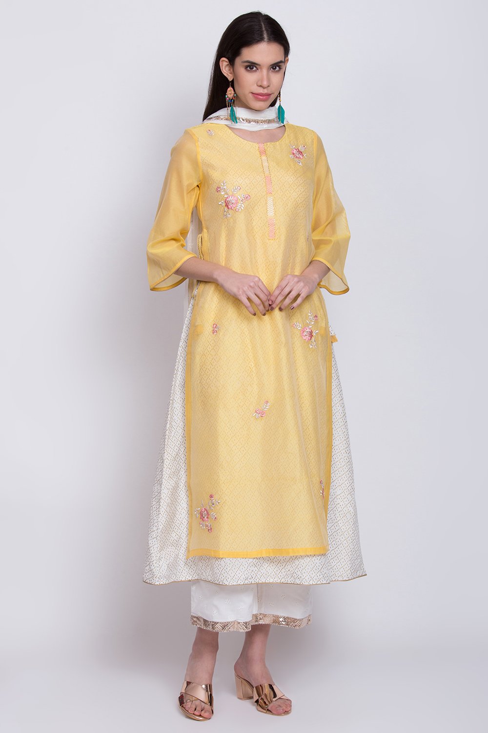 BIBA Yellow Flared Yarn Dyed Kurta BIBA