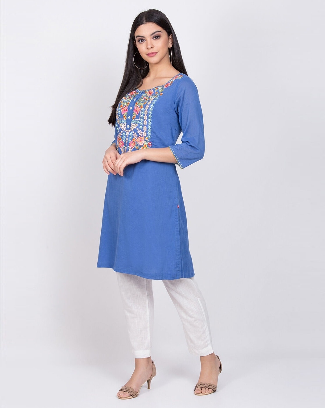 BIBA Women Blue Embroidered Straight Kurta BIBA