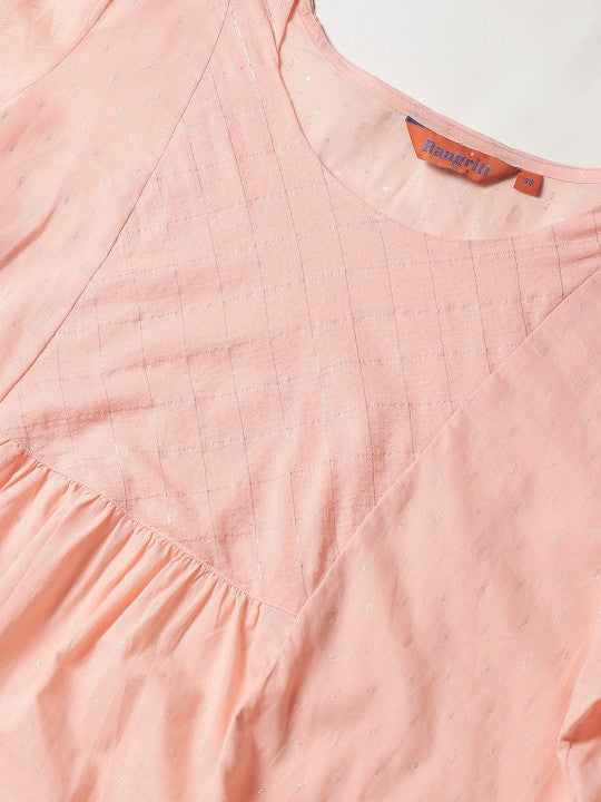 Women Peach-Coloured & Silver Self Design A-Line Pure Cotton Top RANGRITI
