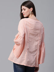 Women Peach-Coloured & Silver Self Design A-Line Pure Cotton Top RANGRITI
