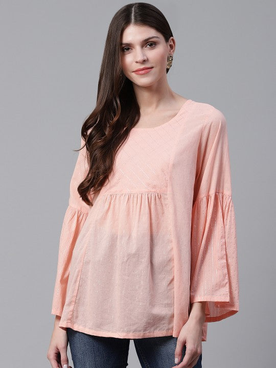 Women Peach-Coloured & Silver Self Design A-Line Pure Cotton Top RANGRITI