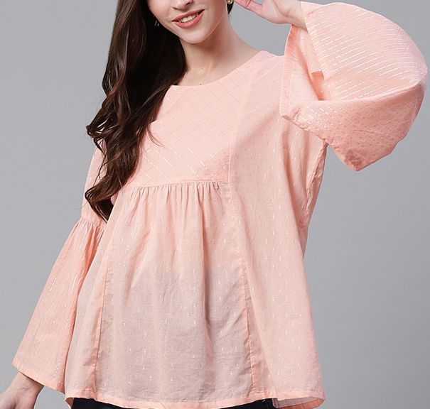 Women Peach-Coloured & Silver Self Design A-Line Pure Cotton Top RANGRITI