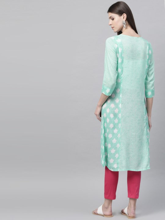 Women Sea Green & White Printed Semi-Sheer A-Line Kurta RANGRITI