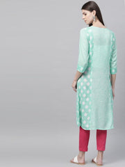 Women Sea Green & White Printed Semi-Sheer A-Line Kurta RANGRITI