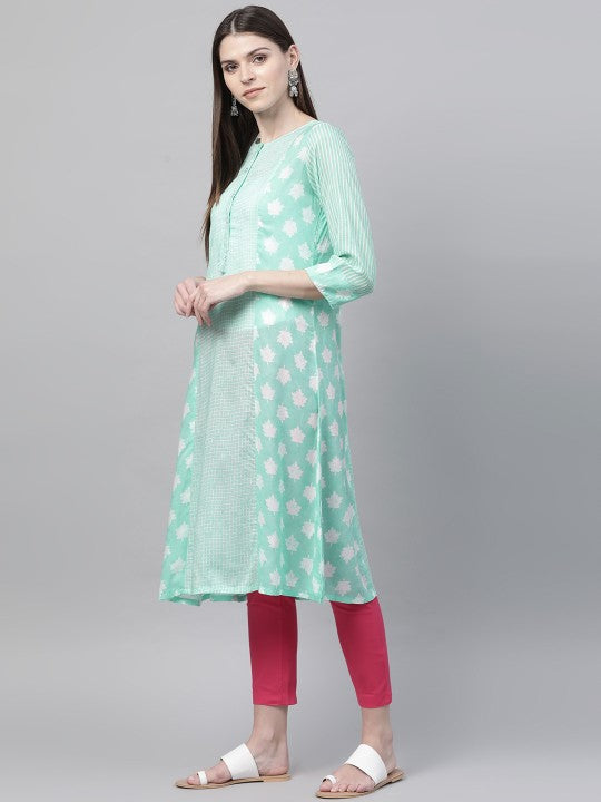 Women Sea Green & White Printed Semi-Sheer A-Line Kurta RANGRITI