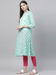 Women Sea Green & White Printed Semi-Sheer A-Line Kurta RANGRITI