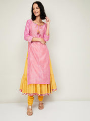 BIBA Women Printed Layered Kurta in Pink, vibrant ethnic wear with structured layering.