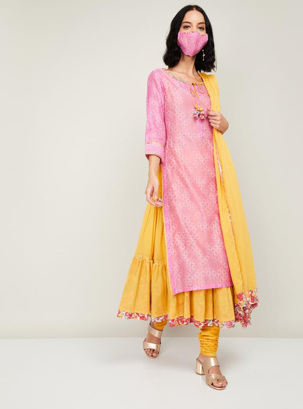 BIBA Pink Printed Layered Kurta BIBA