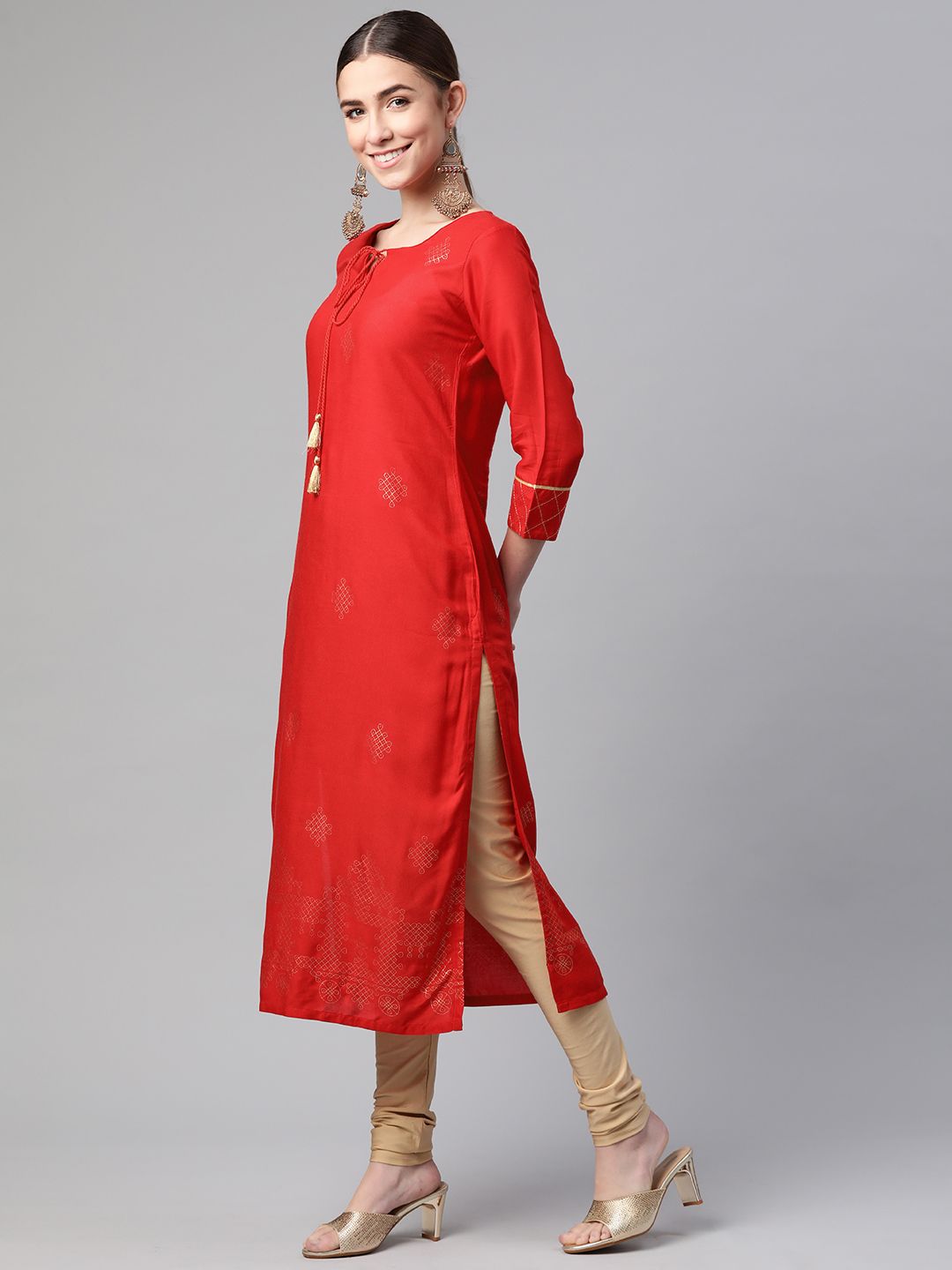 Women Red & Golden Ethnic Motifs Printed Kurta RANGRITI