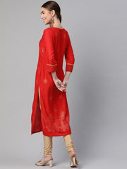 Women Red & Golden Ethnic Motifs Printed Kurta RANGRITI