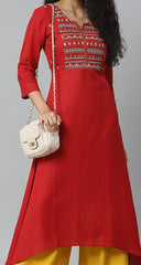 Women Maroon Shekhawati Yoke Design Liva Asymmetric A-Line Kurta RANGRITI