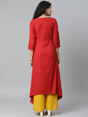 Women Maroon Shekhawati Yoke Design Liva Asymmetric A-Line Kurta RANGRITI