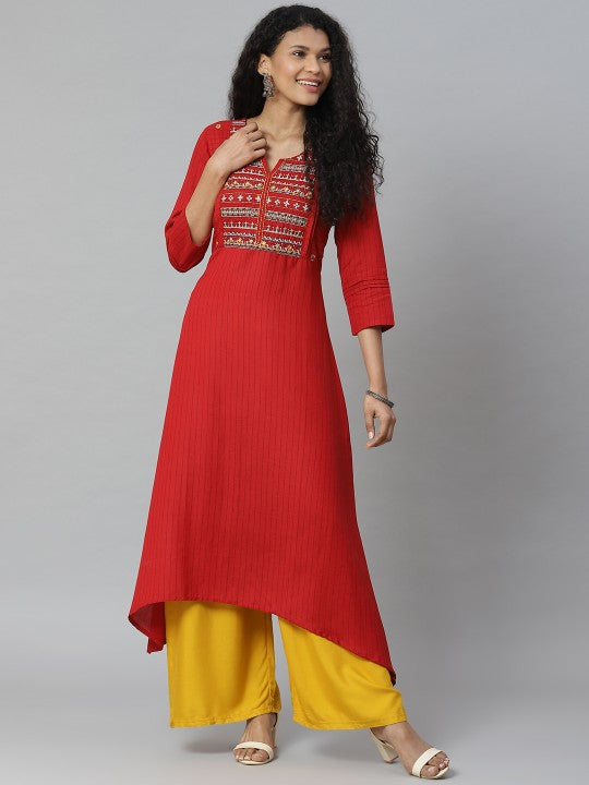 Women Maroon Shekhawati Yoke Design Liva Asymmetric A-Line Kurta RANGRITI