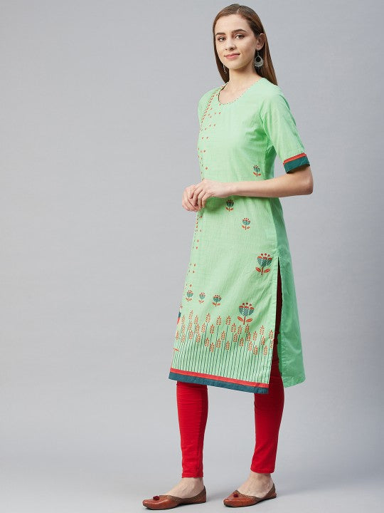 Women Green Quirky Cotton Kurta RANGRITI